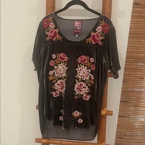 Johnny Was Velvet Top with Floral Embroidery